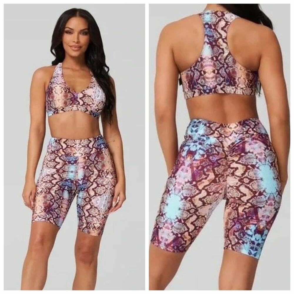 LiCi Fit Cobra Sports 3Pc Bra + High Waist Scrunch Biker Shorts Small NEW